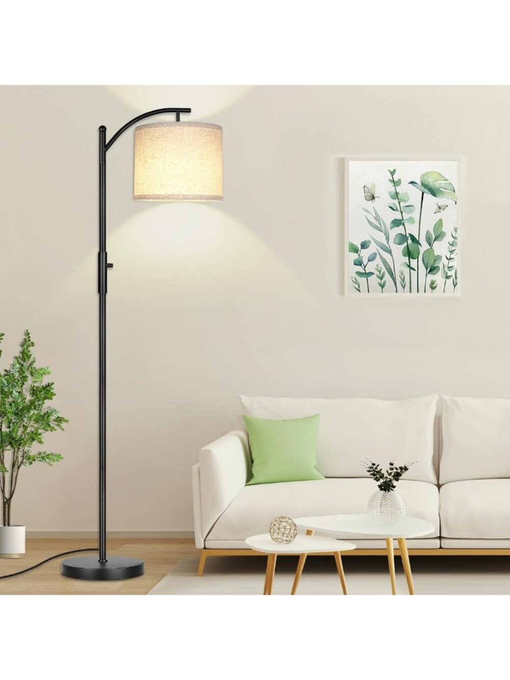 Dimmable Arc Floor Lamp with Linen Shade - Modern Tall Standing Light for Living